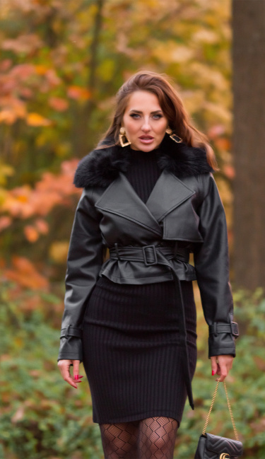 faux leather winter jacket with belt Black